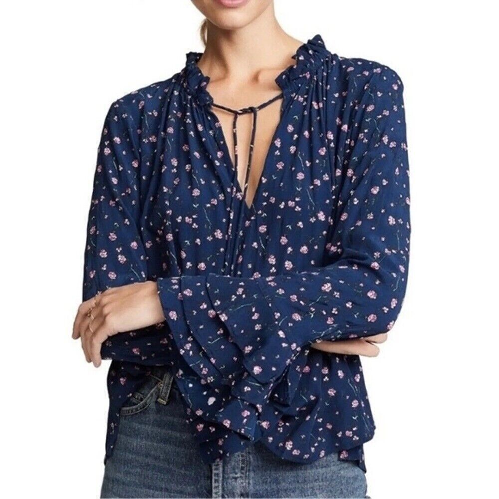 CLEOBELLA Phoebe Ruffled Long Sleeve Floral Top Blue Size S